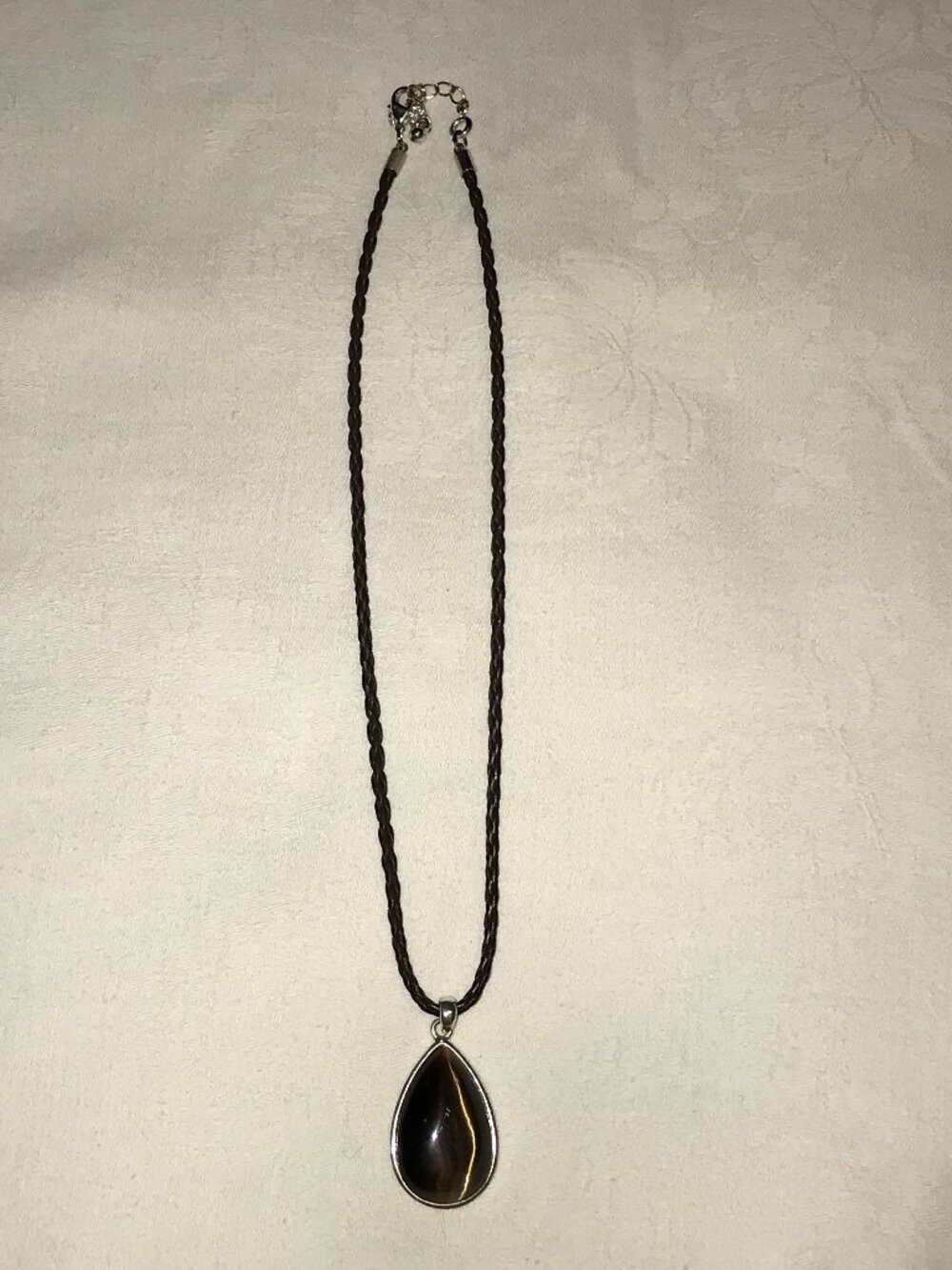 Vintage Avon Braided Black Leather Cord Teardrop Glass Tiger Eye Like Pendant Ne